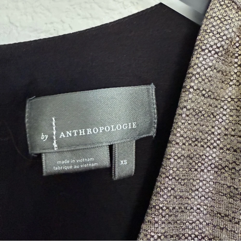 Anthropologie Gold Metallic Faux Wrap Side Ruched Dress - Picture 4 of 8